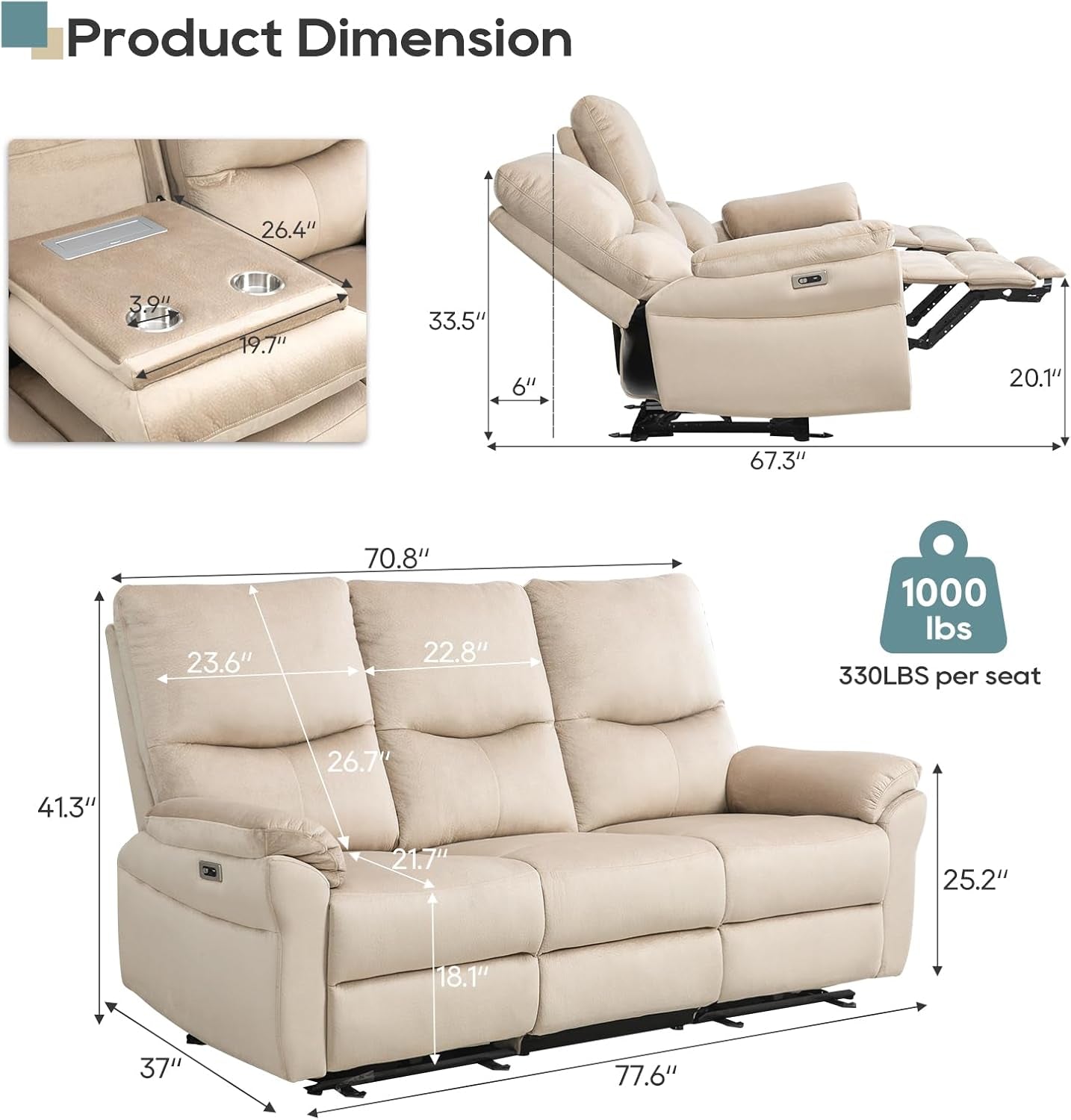 Beige recliner sofa with dimensions and weight capacity displayed