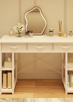 White Vanity Desk, Computer and Study Desk with Fabric Drawers & Side Storage Bag, No Mirror. Makeup Vanity Table, Home Office Desk, Modern Writing Desk, 48"X16".-0