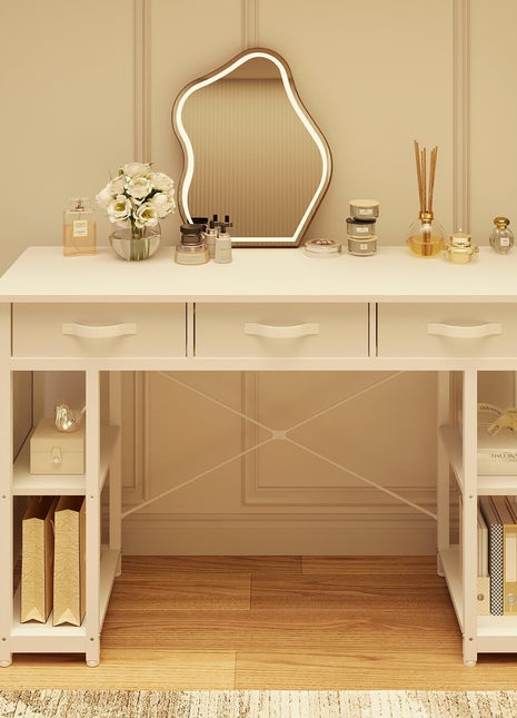 White Vanity Desk, Computer and Study Desk with Fabric Drawers & Side Storage Bag, No Mirror. Makeup Vanity Table, Home Office Desk, Modern Writing Desk, 48"X16".-0