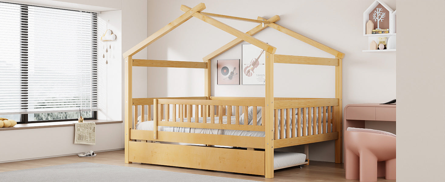 Full Size Wooden House Bed with Twin Size Trundle
