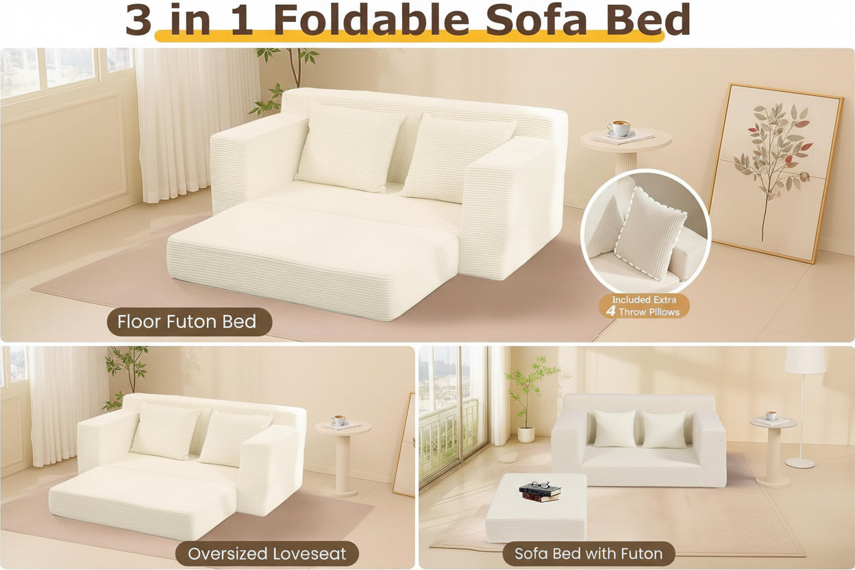 3-in-1 foldable sofa bed with a woman using a laptop, reading a book, and sitting on it.