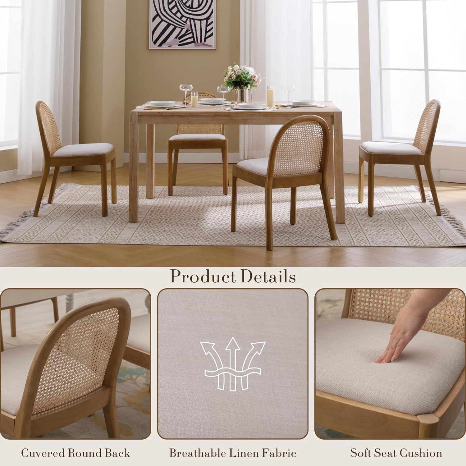 Dining room setup with wooden table and chairs, featuring breathable linen fabric and soft seat cushions.