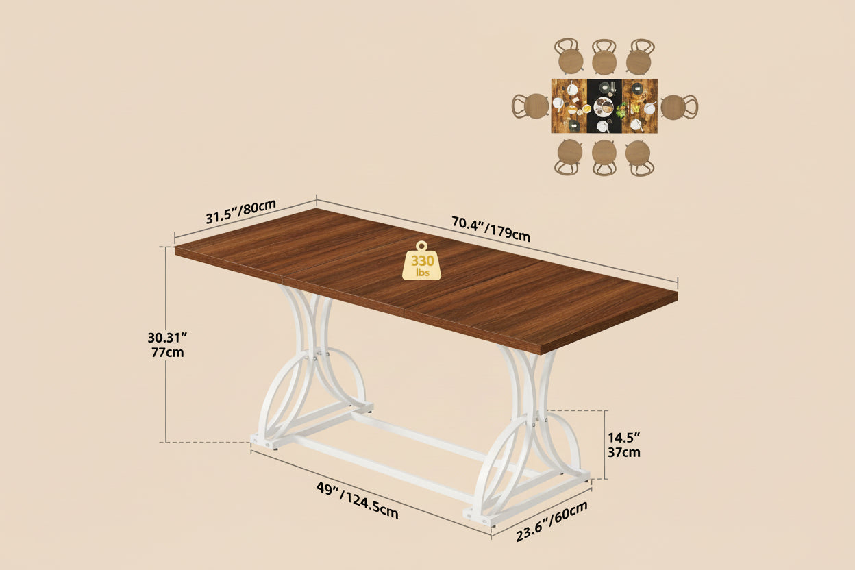 Wooden table with dimensions and weight label on a white background