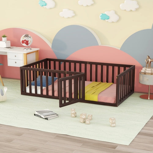 Twin Size Wood Floor Bed Frame with Fence and Door