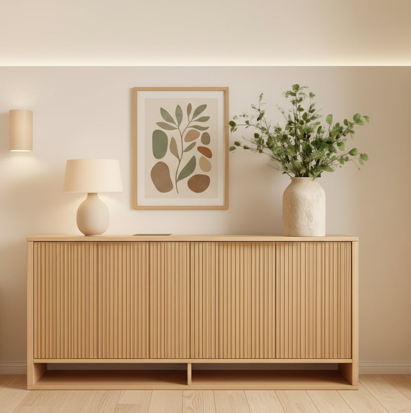 Wooden sideboard with a lamp and plant against a warm orange wall