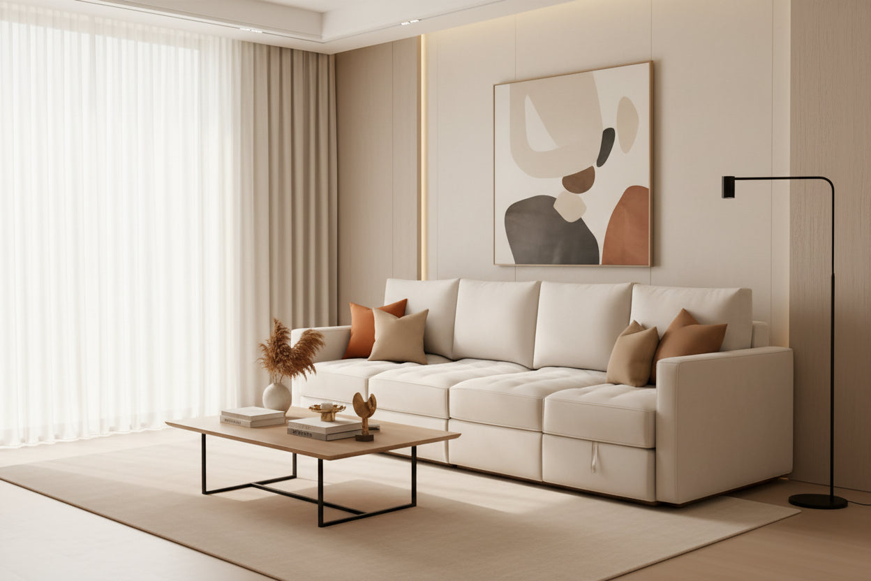 Beige sectional sofa with decorative pillows in a room with a beige wall and rug.