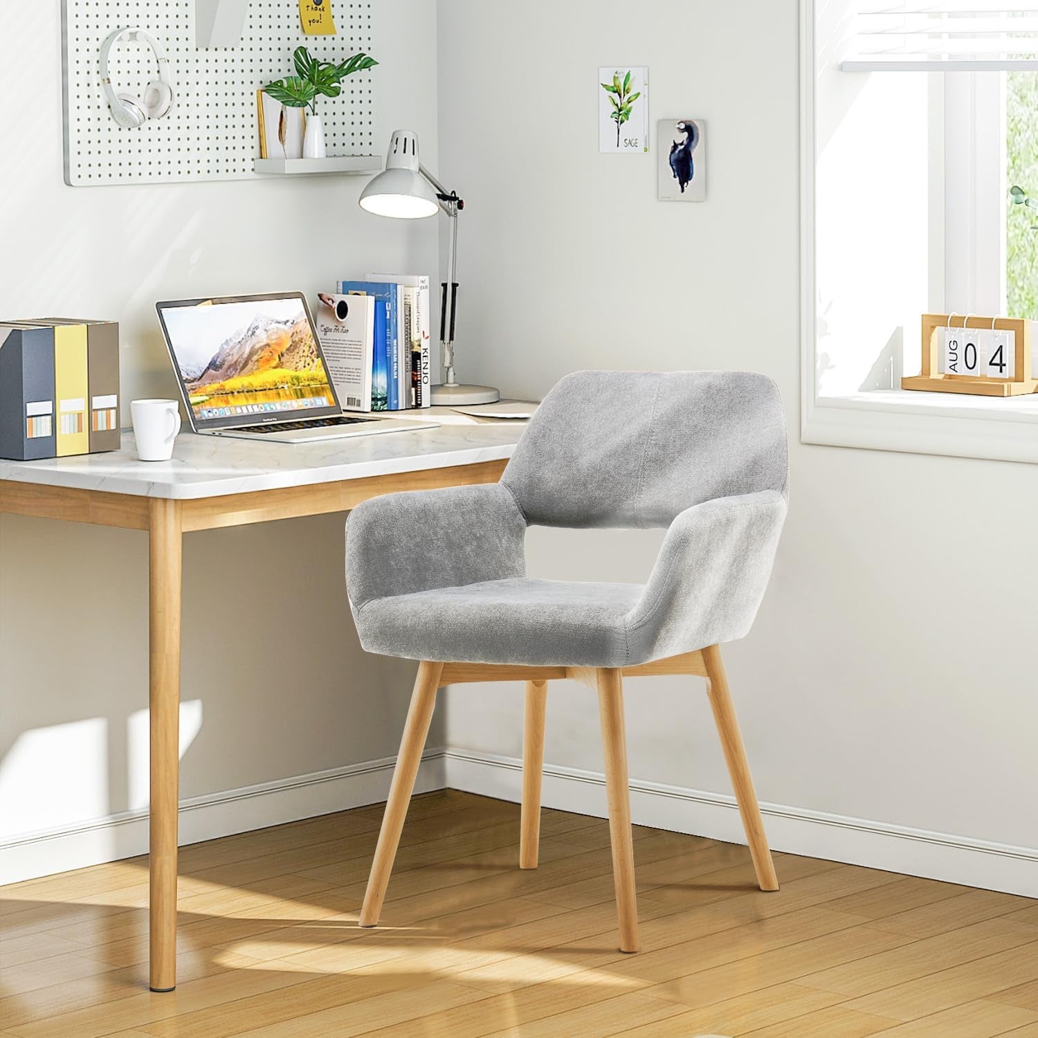 Desk Chair No Wheels Comfy Accent Chair for Living Dining Room Bedroom Vanity Chair Makeup Chair Home Office Mid Century Modern Upholstered Arm Chair Sofa Chair (Gray, 1)-0