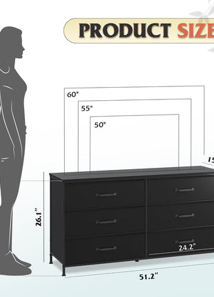 Wide Fabric Dresser, 6 Drawer Dresser TV Stand for 60" TV, Dressers Bedroom Furniture Large Storage Tower Unit with Fabric Bins, Black Dresser for Bedroom, Closet, Hallway, Black-2