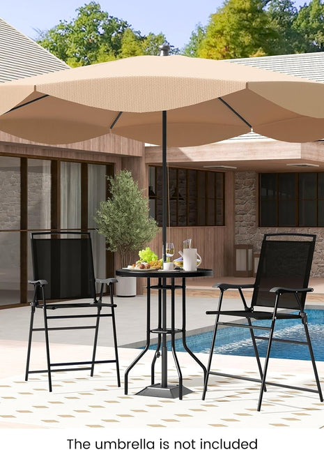 3 PCS Patio Table and Chairs Set, Bistro Furniture with DPC Tabletop, Umbrella Hole, Outdoor Bar Set with round Table and 2 Folding Counter Height Chairs for Poolside, Deck, Porch, Black-2
