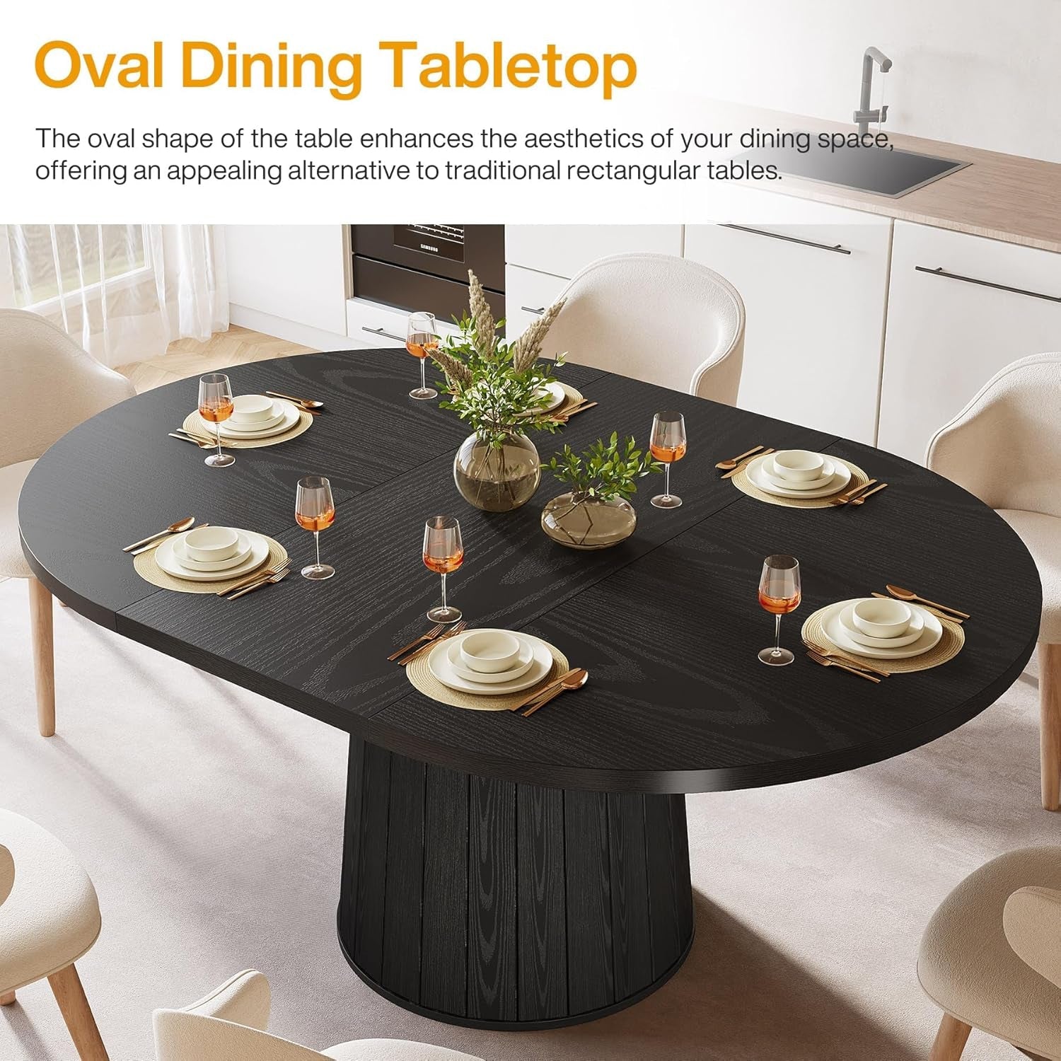 Oval dining table with setting in a modern kitchen