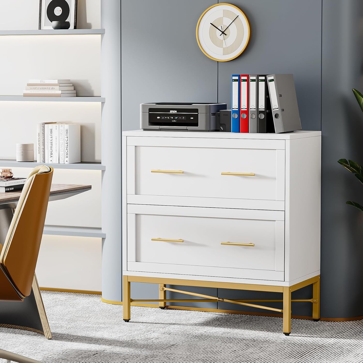 White dresser with gold accents in a room with a desk and shelves.