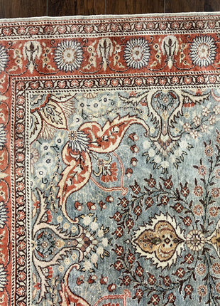 Silk Turkish Rug 5x7, Light Blue Silk Carpet, Floral Medallion, Turkish Kayseri Rug, Vintage Handmade Oriental Rug-4