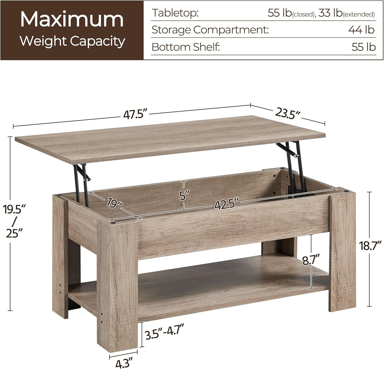 Wooden lift-top table with dimensions and weight capacity details on a white background