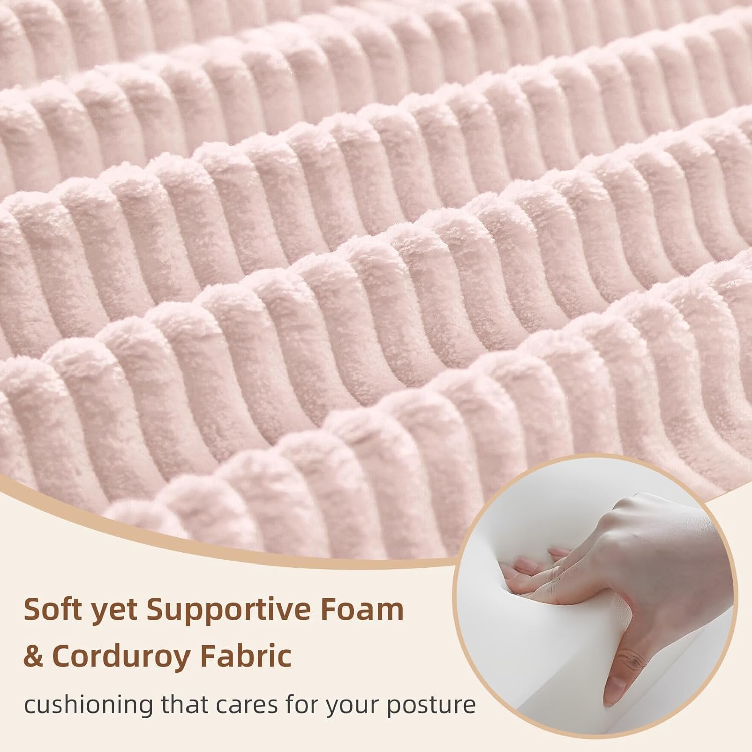 Close-up of pink corduroy fabric with a hand holding a foam block, highlighting comfort and support.