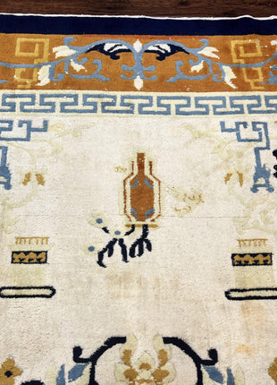Indo Chinese Rug 9x12, Asian Oriental Carpet 9 x 12, Cream & Burnt Orange, Handmade Wool Vintage Art Deco Rug-2