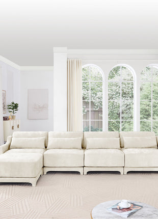 Elegant Four-Seater Sofa with Movable Ottoman in White Chenille Fabric and Ergonomic Design-4