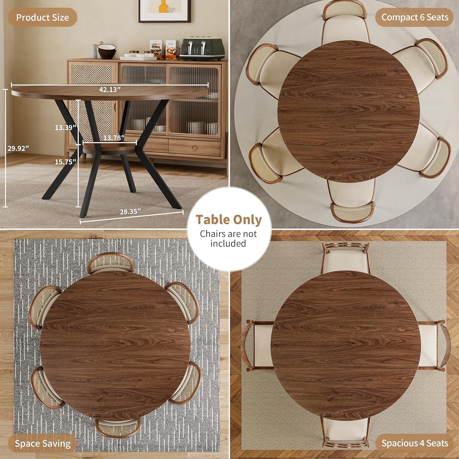 Wooden dining table with measurements and seating capacity details on a neutral background