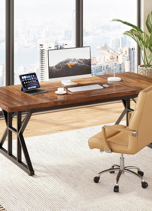 70.8-Inch Office Desk, Wooden Executive Office Desk, Modern Work Desk, Large Farmhouse Writing Table Computer Desk for Home, Brown-Black-1