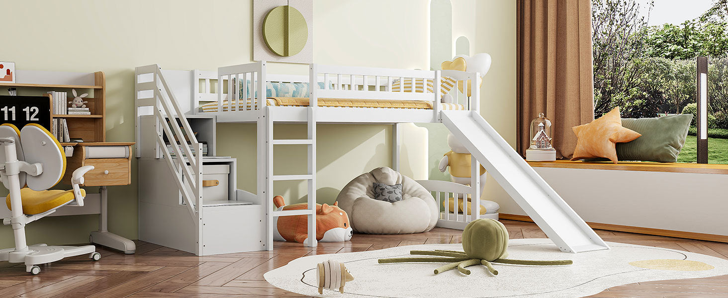 Stairway Twin Size Loft Bed with Two Drawers and Slide