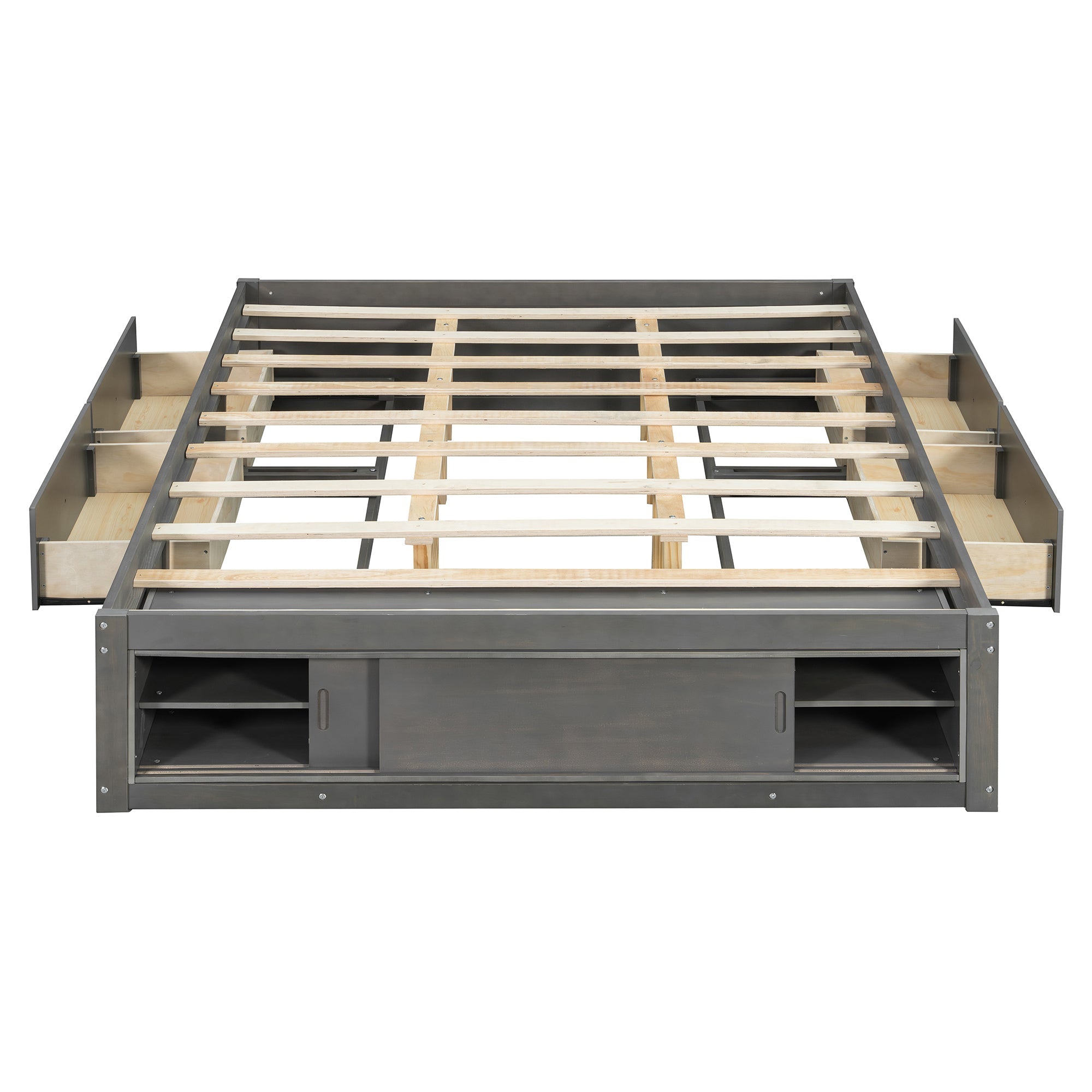 Platform Bed Frame with 4 Storage Drawers and Footboard Storage Cubby,