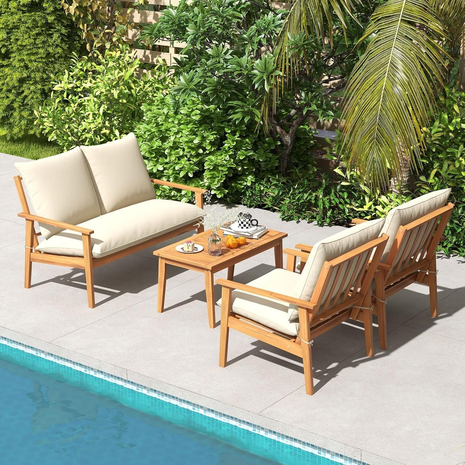 Hardy Haus Outdoor Acacia Wood Patio Set with Cushions and Coffee Table