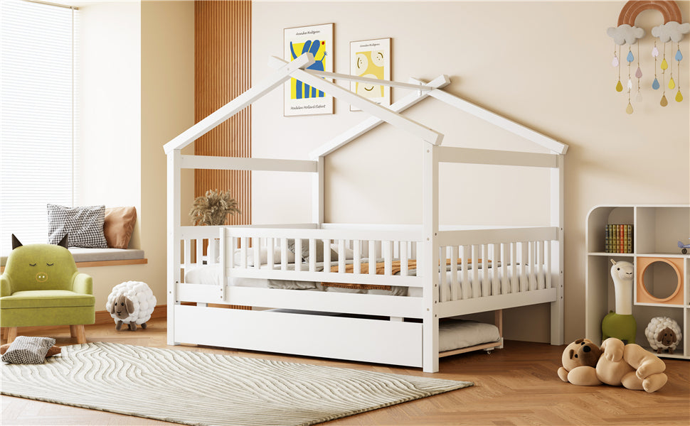 Full Size Wooden House Bed with Twin Size Trundle
