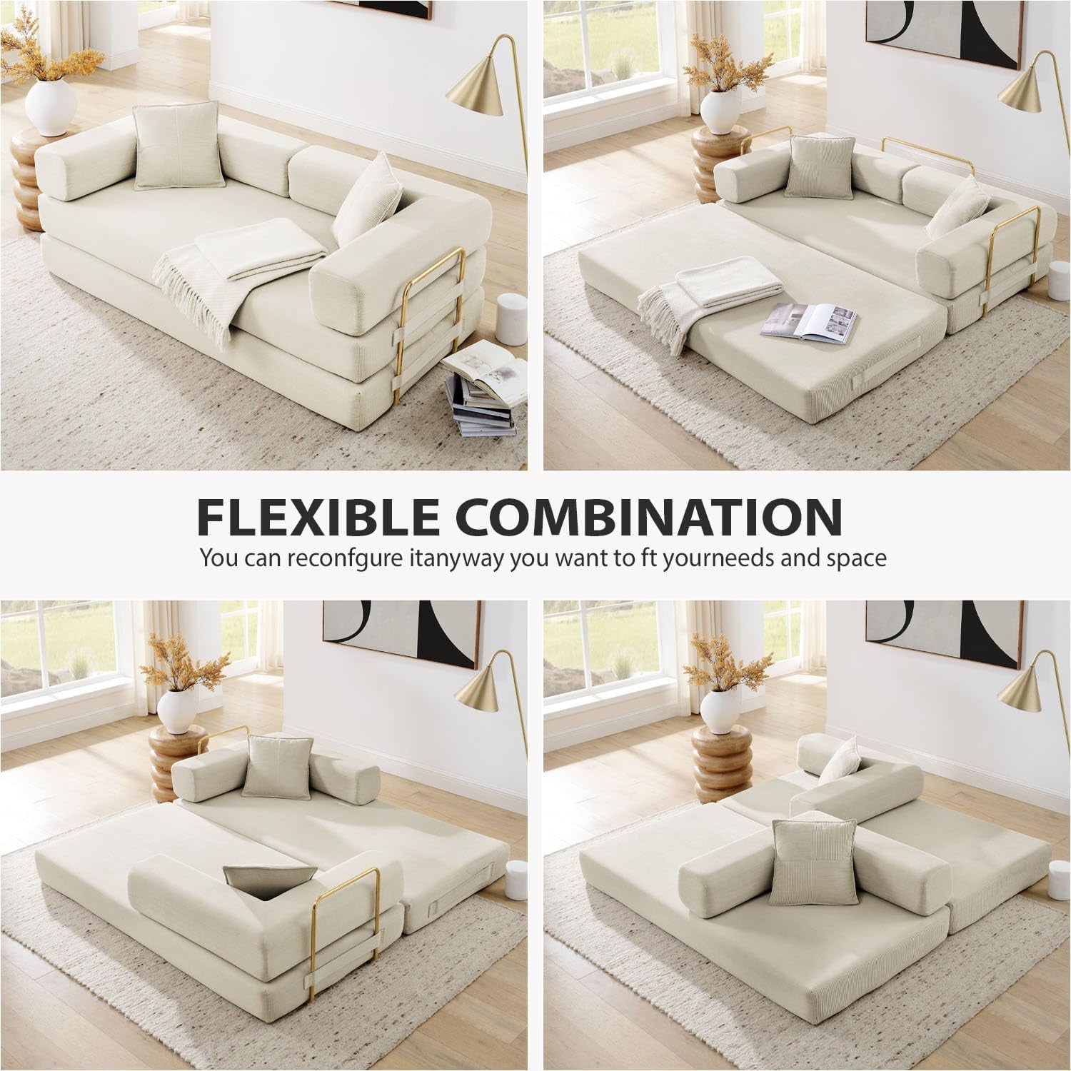 Beige sectional sofa reconfiguring into different layouts in a room with large windows.