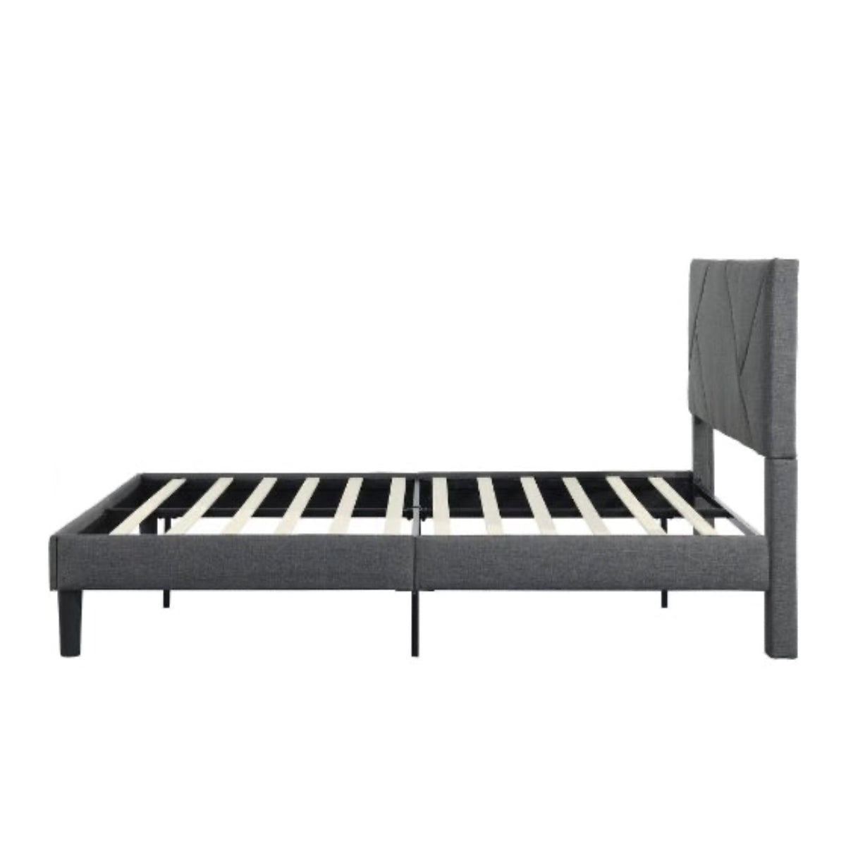 Gray upholstered bed frame with wooden slats on a white background