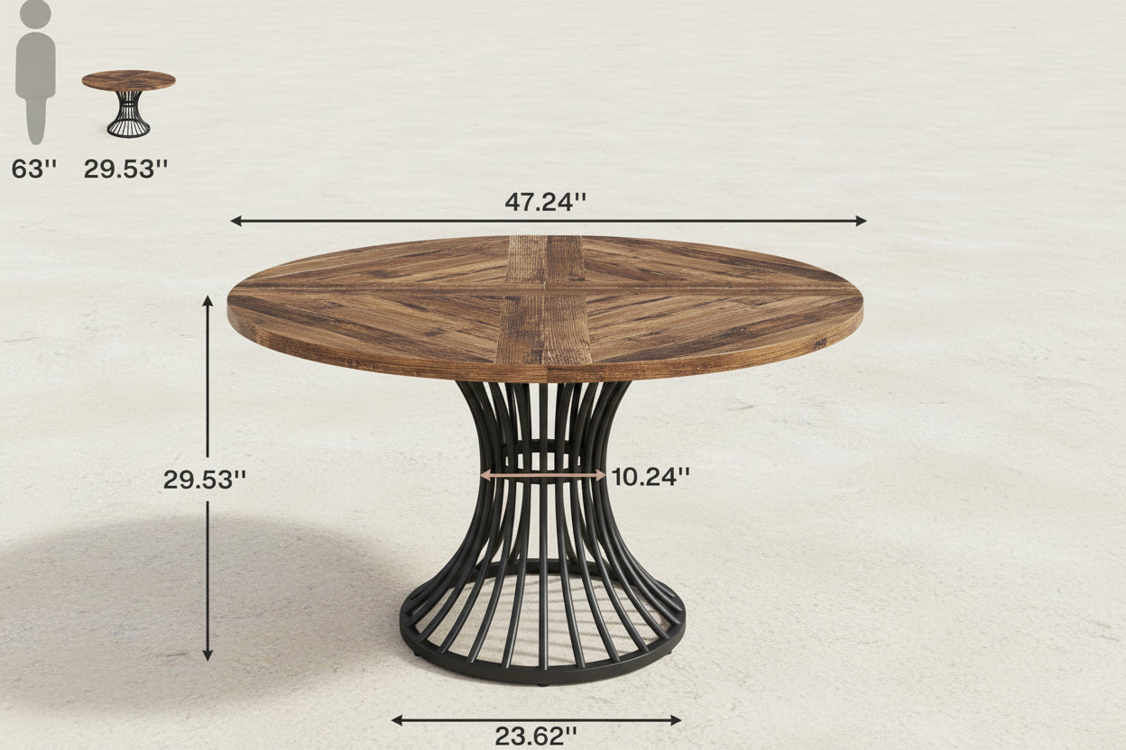 Wooden round table with black metal base and dimensions indicated
