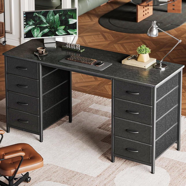 55 Inch Computer Desk with 8 Fabric Drawers, Office Desk Work Desk for Home Office, Study, Gaming Desk with Drawers, Large Storage, Black-0