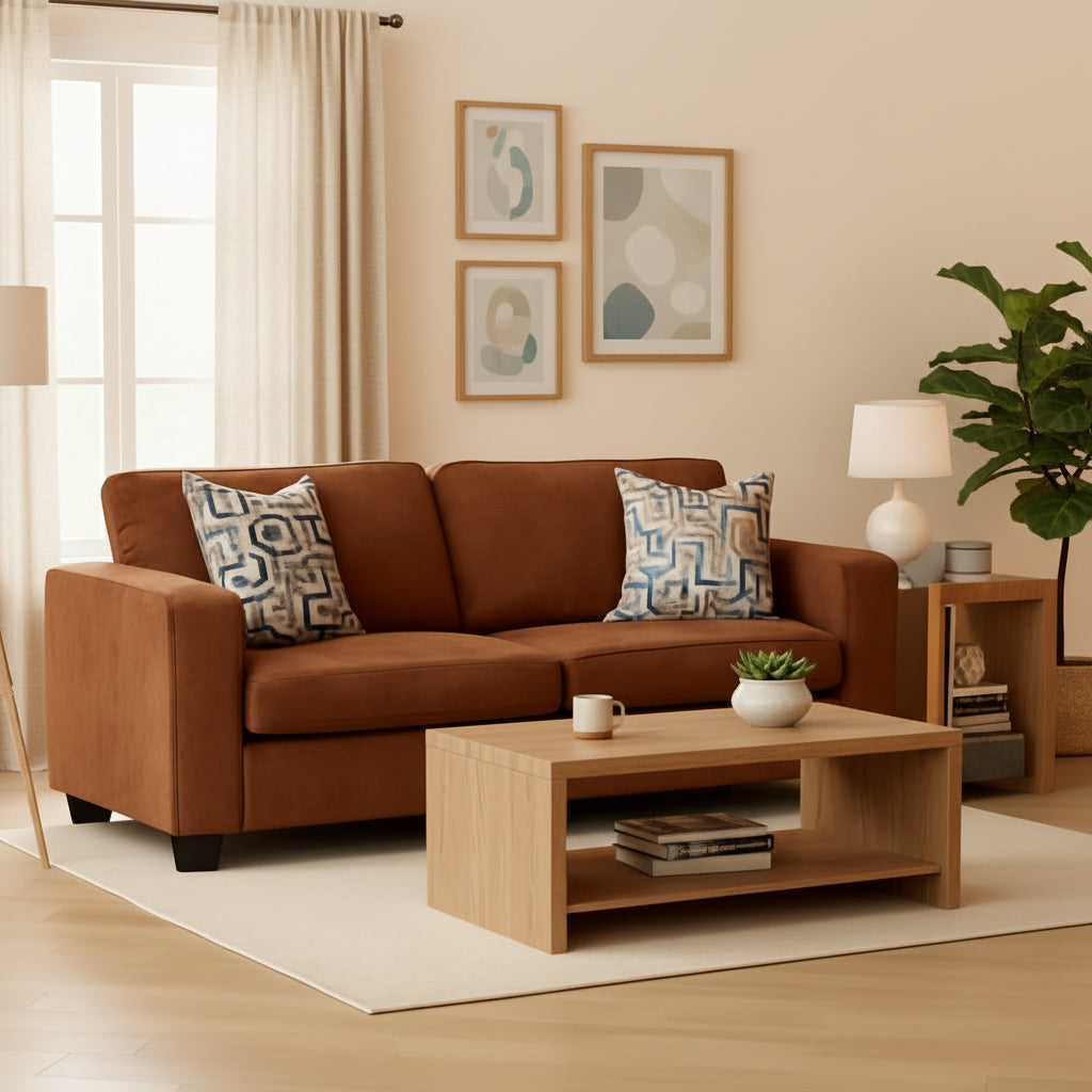 Brown sofa with patterned cushions in a room with beige walls and a lamp.