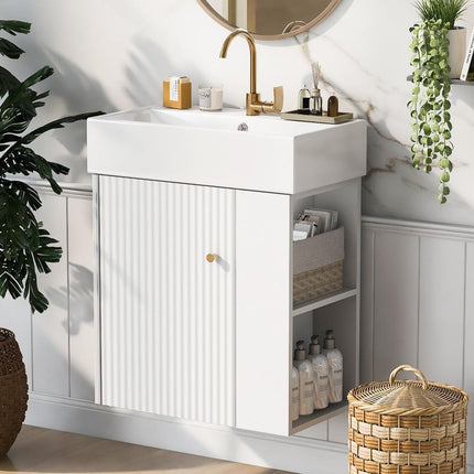 21.6inch Modern Floating Bathroom Vanity with Ceramic Basin - Perfect for Small Bathrooms, Right side storage-0