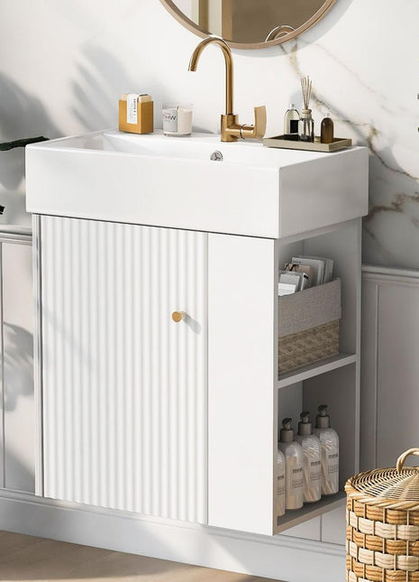 21.6inch Modern Floating Bathroom Vanity with Ceramic Basin - Perfect for Small Bathrooms, Right side storage-0
