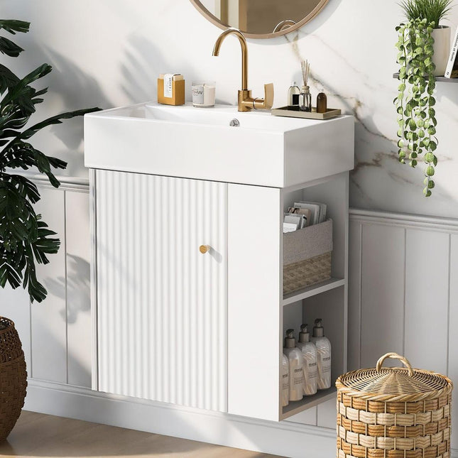 21.6inch Modern Floating Bathroom Vanity with Ceramic Basin - Perfect for Small Bathrooms, Right side storage-0