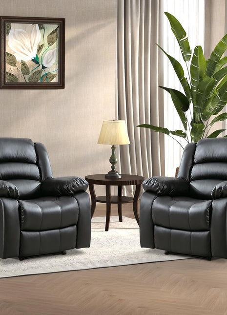 Black Recliner Chair Set of 2, with Overstuffed Arm and Back, Breathable Faux Leather Manual Reclining Chairs, Living Room Single Sofa Recliners-0