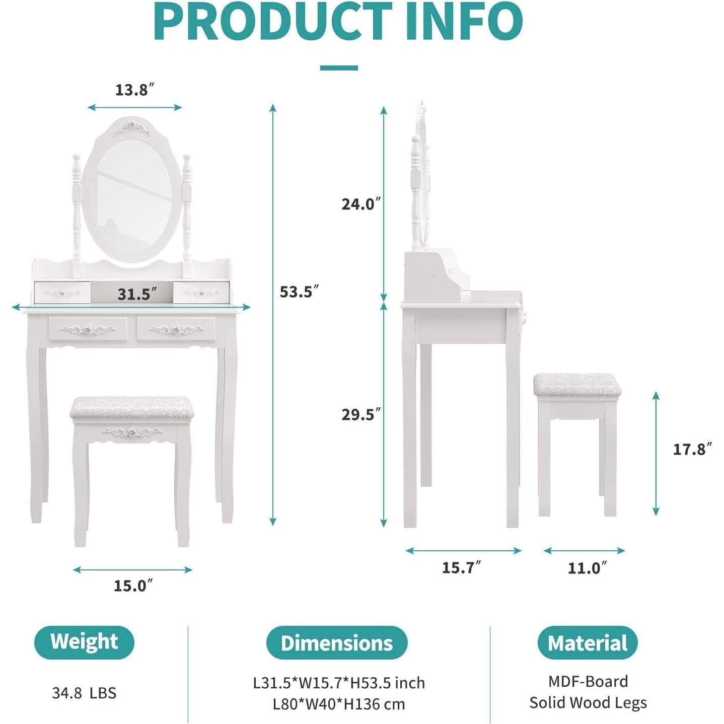 White vanity set with dimensions and product information on a white background