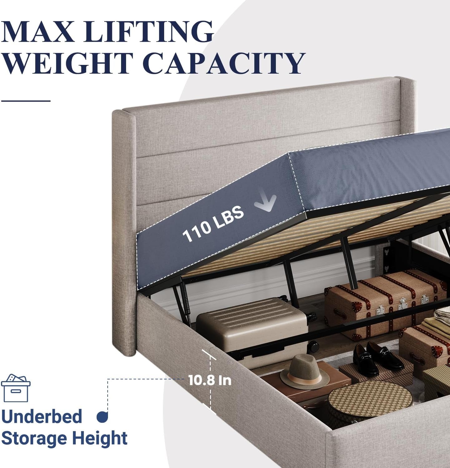 Gray bed with underbed storage compartments and weight capacity label on a white background