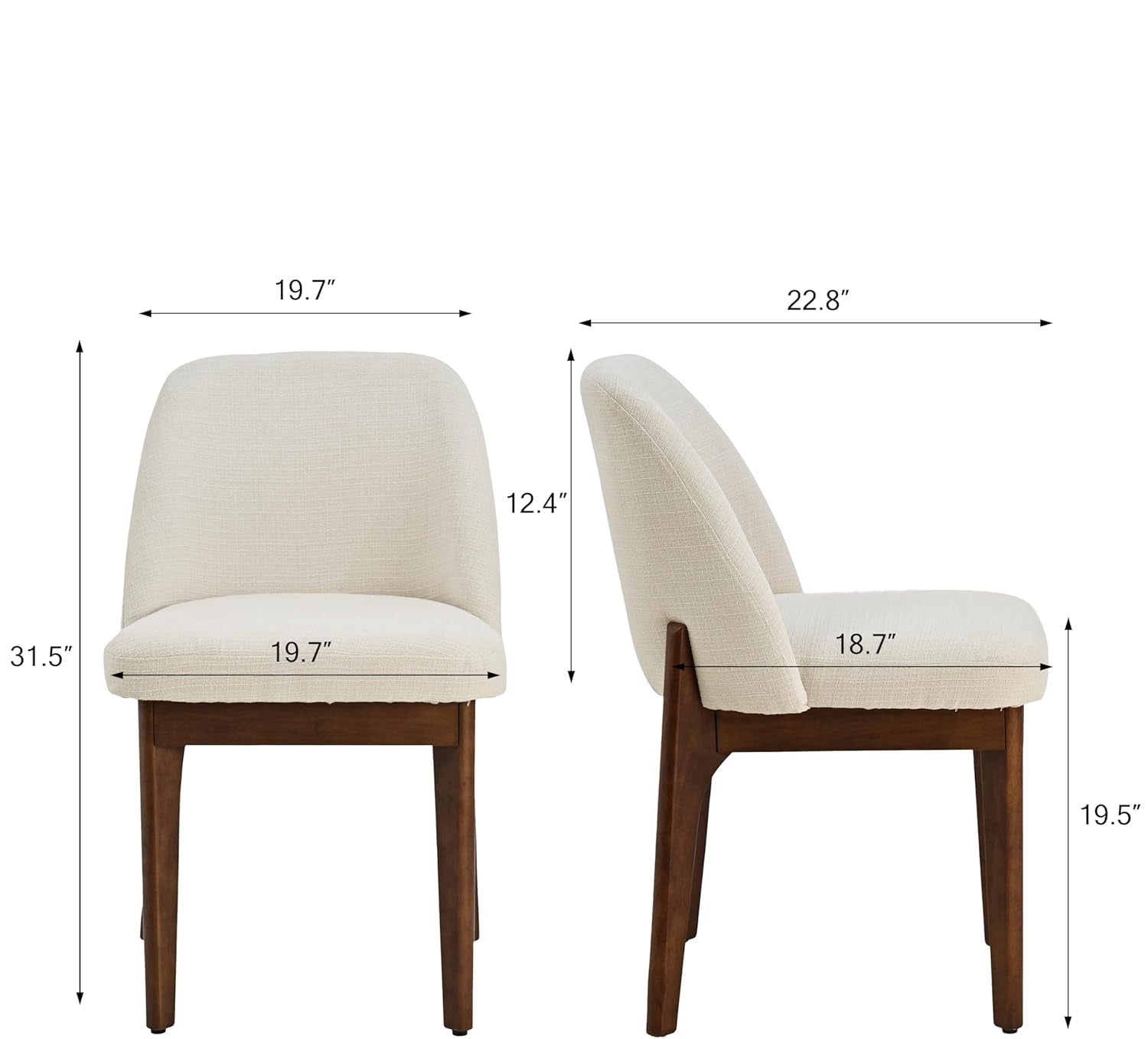 Dimensions of two beige chairs with wooden legs on a white background