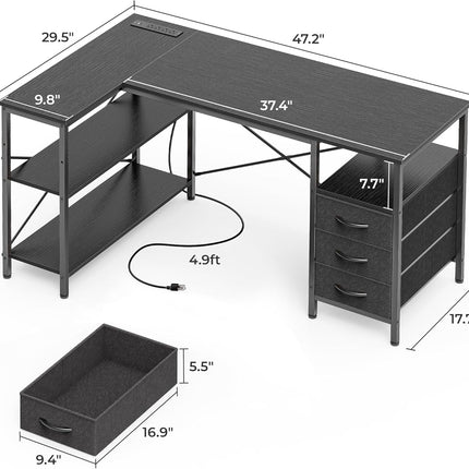 L Shaped Desk with Power Outlets, Computer Desk with 3 Drawers, 47 Inch Office Desk with Shelves, Gaming Desk, Corner Desk Work Desk for Home Office, Study, Black-2