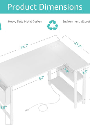 White L Shaped Computer Desk with Power Outlet Shelves, 40 Inch Small Corner Desk for Small Space Home Office, L-Shaped Desk PC Desks, White-2