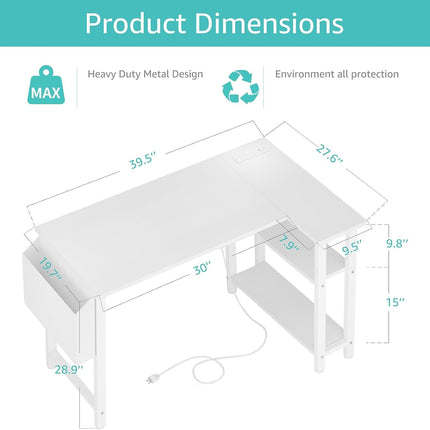 White L Shaped Computer Desk with Power Outlet Shelves, 40 Inch Small Corner Desk for Small Space Home Office, L-Shaped Desk PC Desks, White-2