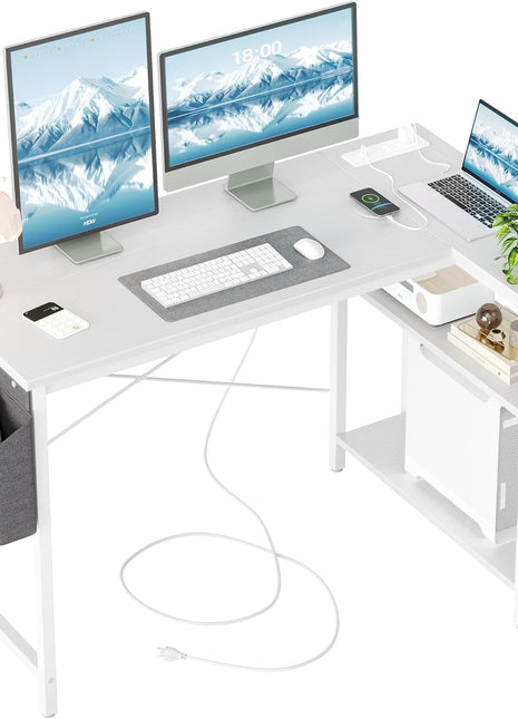 L Shaped Computer Desk with Power Outlets, 47 Inch Small Corner Desk with Reversible Shelves, Gaming Desk Computer Table Study Writing Desk for Home Office Small Space, White-0