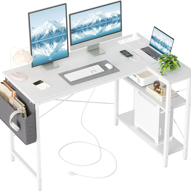 L Shaped Computer Desk with Power Outlets, 47 Inch Small Corner Desk with Reversible Shelves, Gaming Desk Computer Table Study Writing Desk for Home Office Small Space, White-0