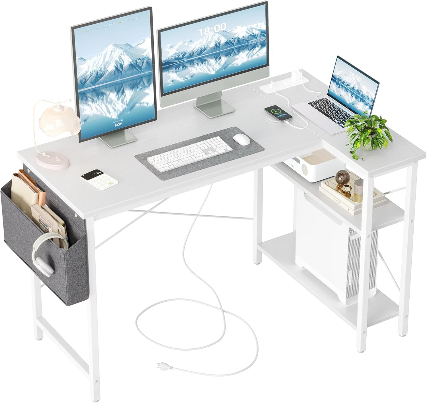 L Shaped Computer Desk with Power Outlets, 47 Inch Small Corner Desk with Reversible Shelves, Gaming Desk Computer Table Study Writing Desk for Home Office Small Space, White-0