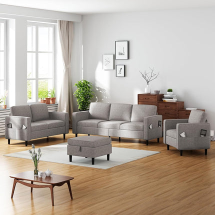 Light Grey Linen 6-Seater Modular Sectional Sofa, Side Pockets, Movable Storage Ottoman