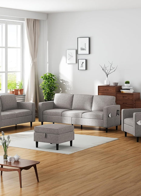 6 Seaters Sectional Upholstered Sofa, Linen Fabric Sofa Couch with Side Pockets, Free Combination Sofa Set with Movable Storage Ottoman, for Living Room-Sofa&Loveseat&Chair&Ottoman,Light Grey