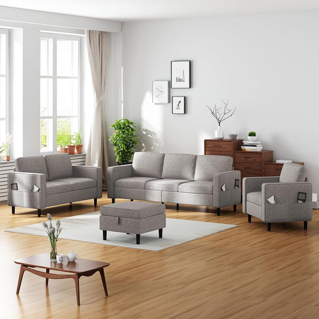 Light Grey Linen 6-Seater Modular Sectional Sofa, Side Pockets, Movable Storage Ottoman