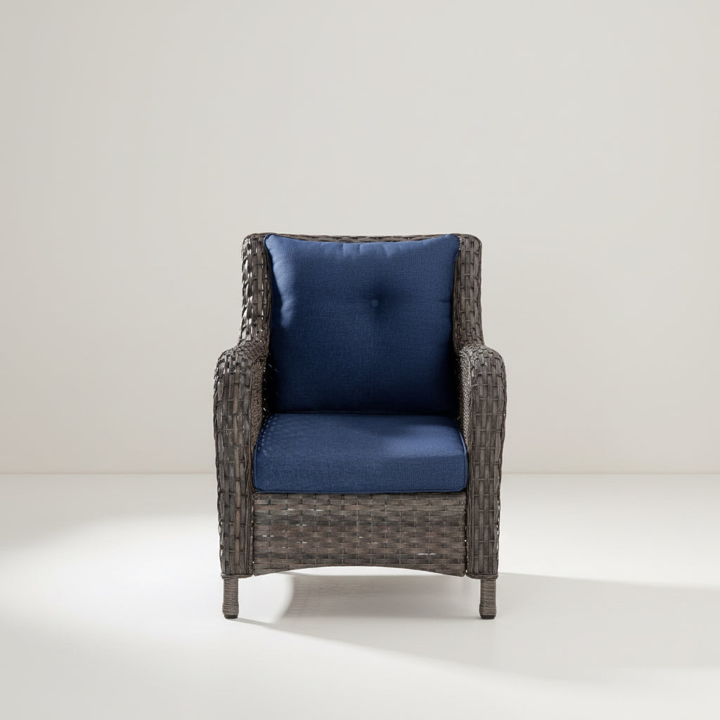 Wicker chair with blue cushions, highlighting waterproof and rebound sponge features.