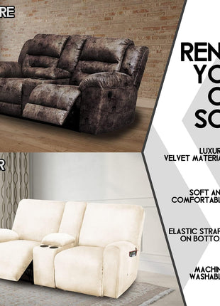Reclining Love Seat with Middle Console Slipcover, 8-Piece Velvet Stretch Loveseat Reclining Sofa Covers, 2 Seat Love Seat Recliner Cover, Thick, Soft, Washable, Love Seat Slipcovers (Ivory)