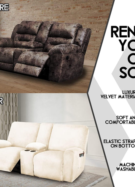 Reclining Love Seat with Middle Console Slipcover, 8-Piece Velvet Stretch Loveseat Reclining Sofa Covers, 2 Seat Love Seat Recliner Cover, Thick, Soft, Washable, Love Seat Slipcovers (Ivory)